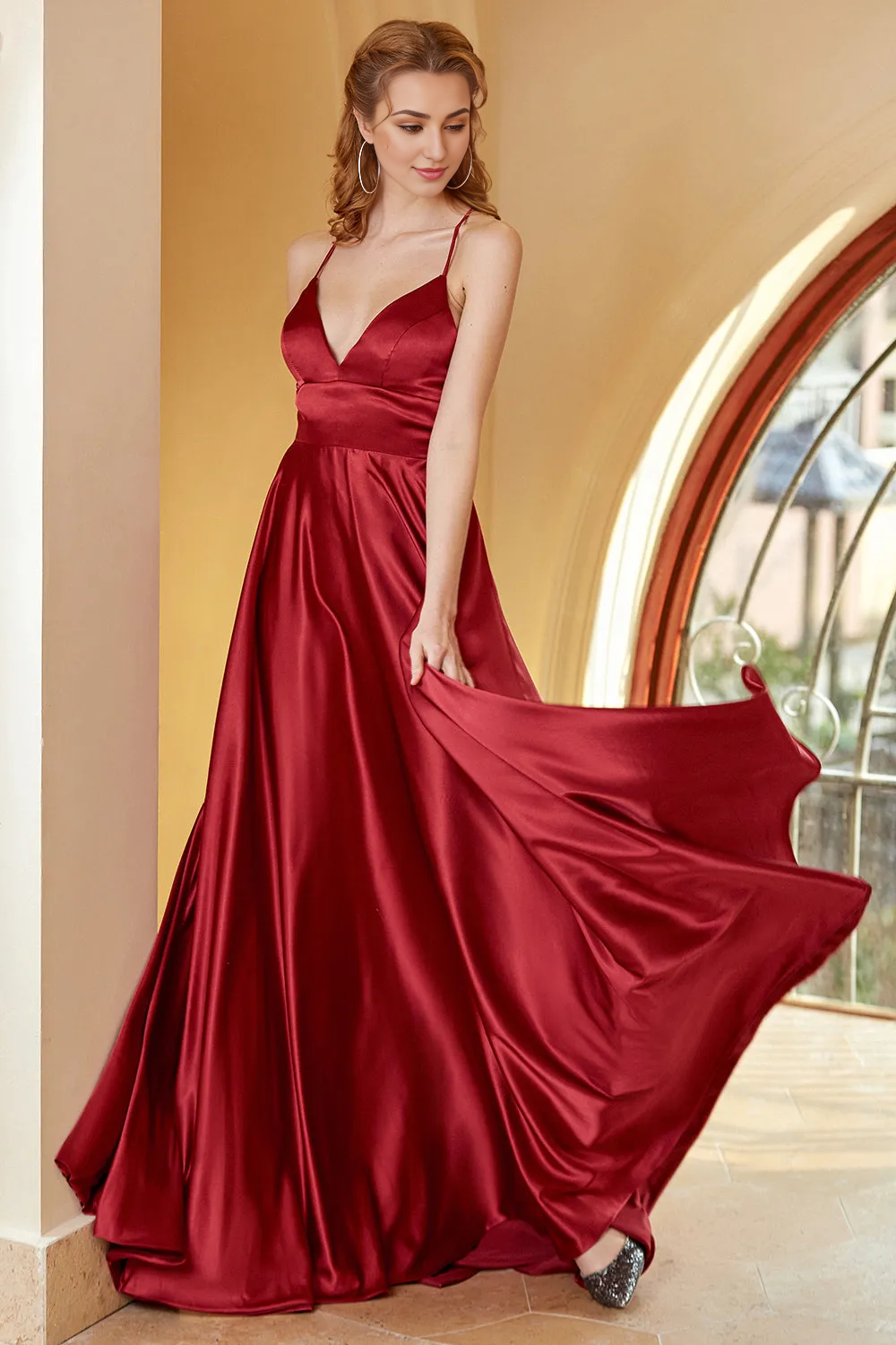 A-Line Deep V-Neck Burgundy Spaghetti Straps Simple Prom Dress Evening Dresses Wedding Guest Dresses