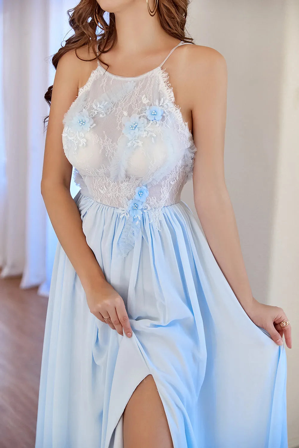 Light Blue Chiffon Long Prom Dress with Lace A-Line Wedding Guest Party Dresses