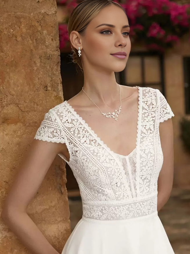 Wedding Dresses V-Neck Short Sleeves Lace A-Line Tea-Length Bridal Gowns