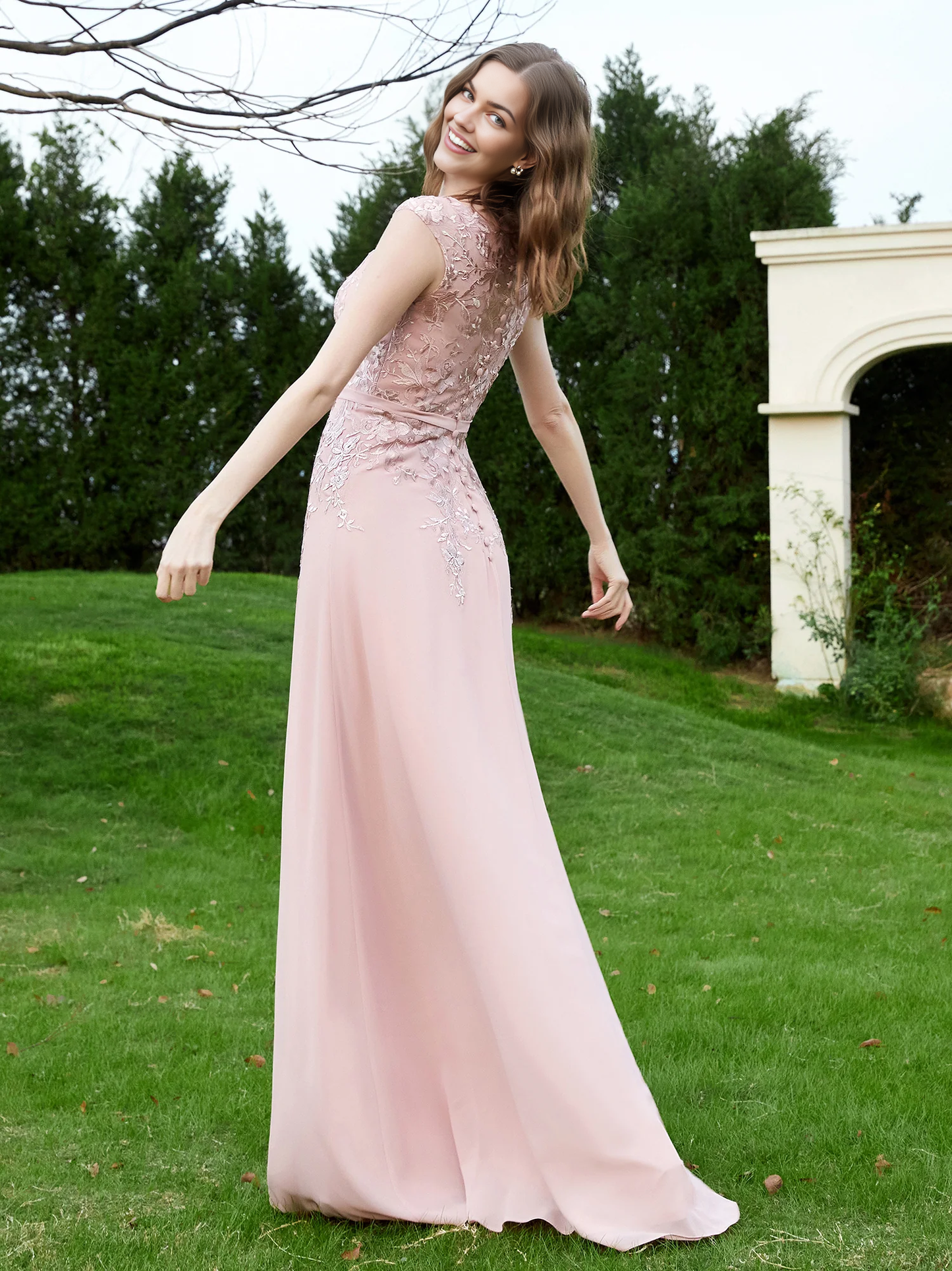 Elegant Illusion Lace Appliqued Bridesmaid Dress With Buttons