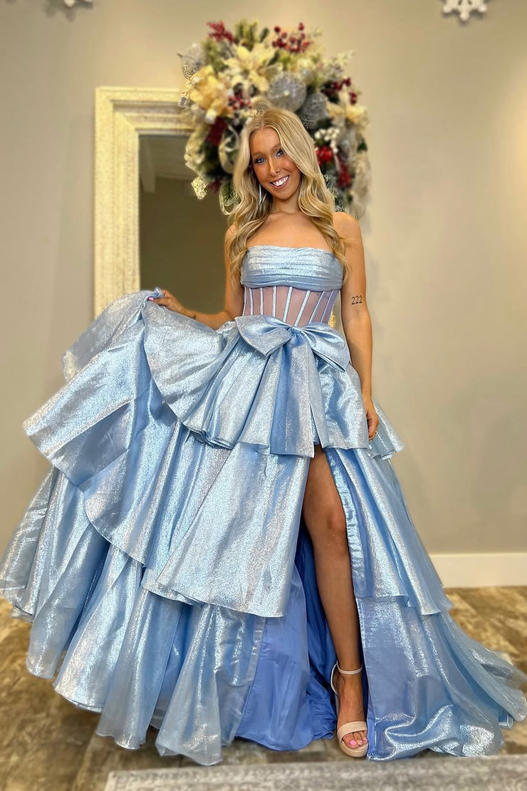 Cute Ball Gown Strapless Light Blue Organza Prom Dress with Bow