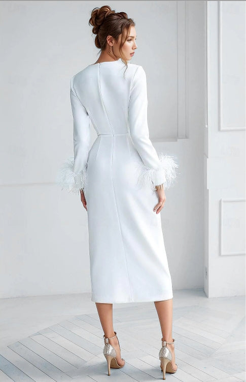 Sheath / Column Wedding Guest Dresses Formal Tea Length Jewel Neck with Feather