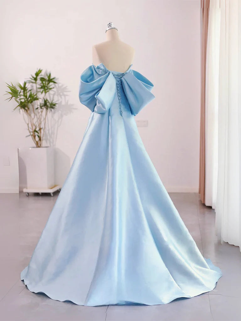 A-Line Sweetheart Neck Satin Blue Long Prom Dress Formal Dress