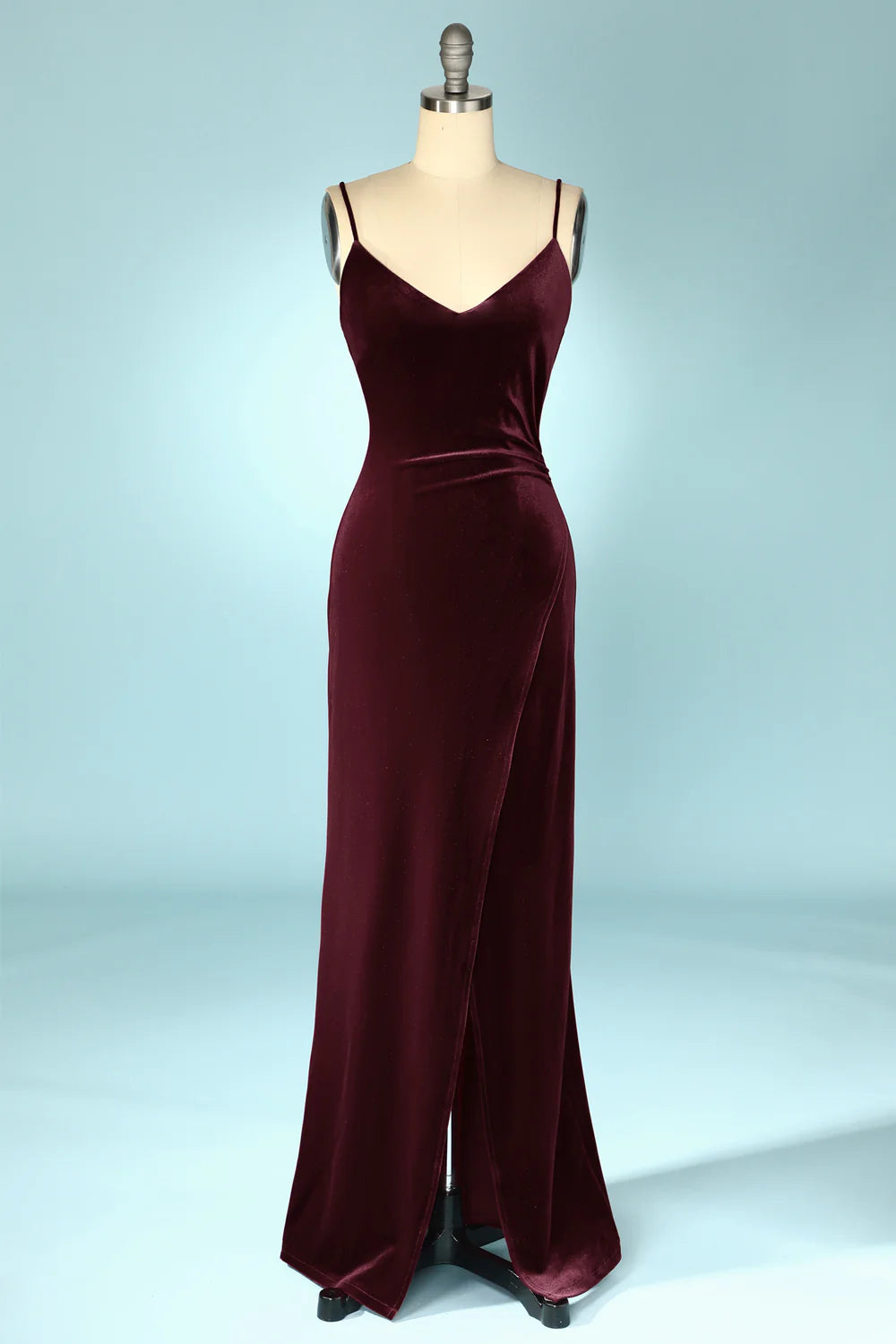 Burgundy Velvet Spaghetti Strap Floor-length Evening Prom Dress