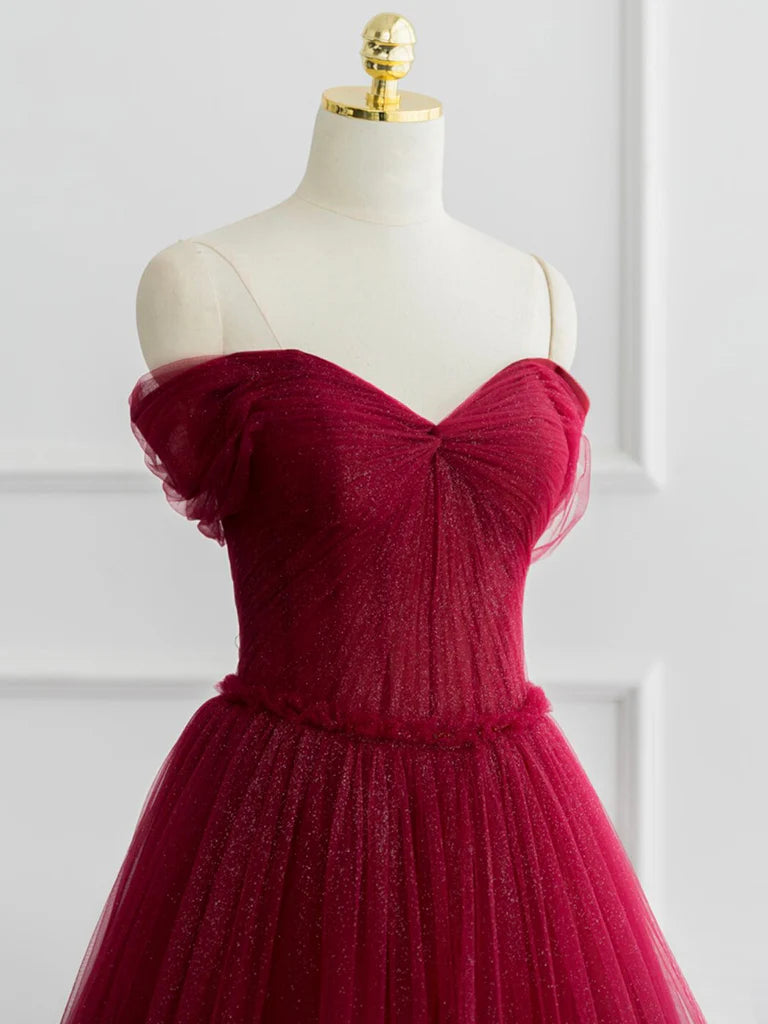 A-line Off Shoulder Tulle Shiny Burgundy Long Prom Dress Formal Dress