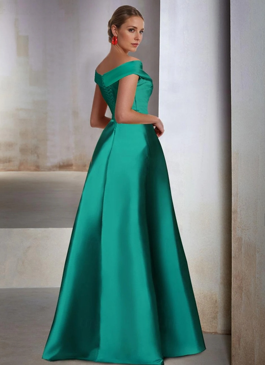 A-Line Wedding Guest Black Tie Floor Length Sleeveless Off Shoulder Pocket Satin with Slit