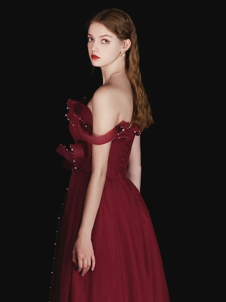 A-Line Tulle Beads Burgundy Long Prom Dress Evening Dress