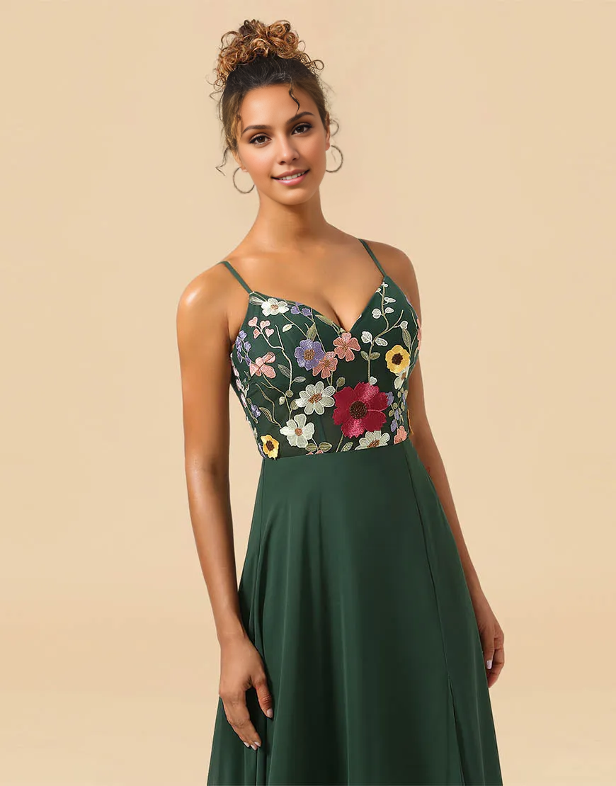 A-Line Princess Dark Green Spaghetti Straps Long Bridesmaid Dress With Embroidery Flowers