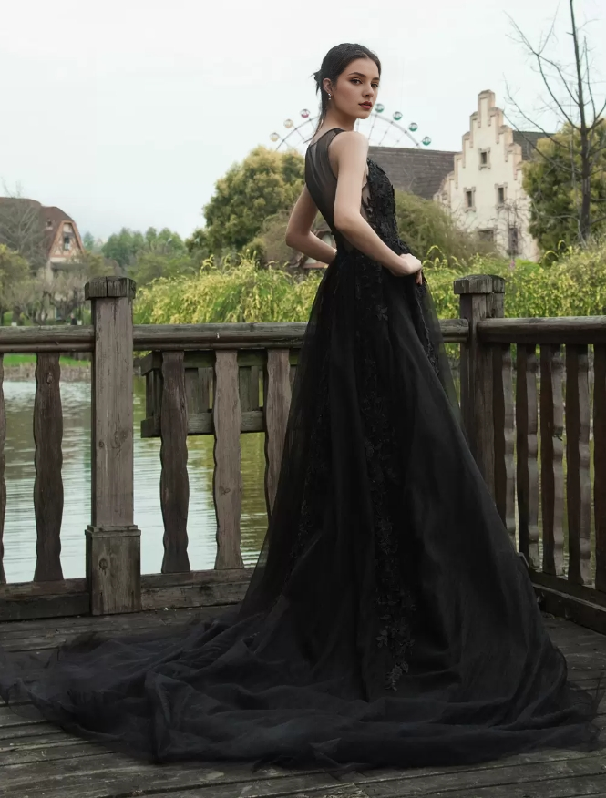 Black Wedding Dresses Lace A-Line Sleeveless Natural Waist Lace With Train Bridal Gown