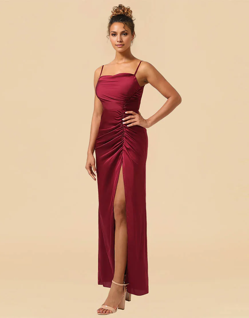 Burgundy Sheath Spaghetti Straps Long Satin Ruched Bridesmaid Dress With Split