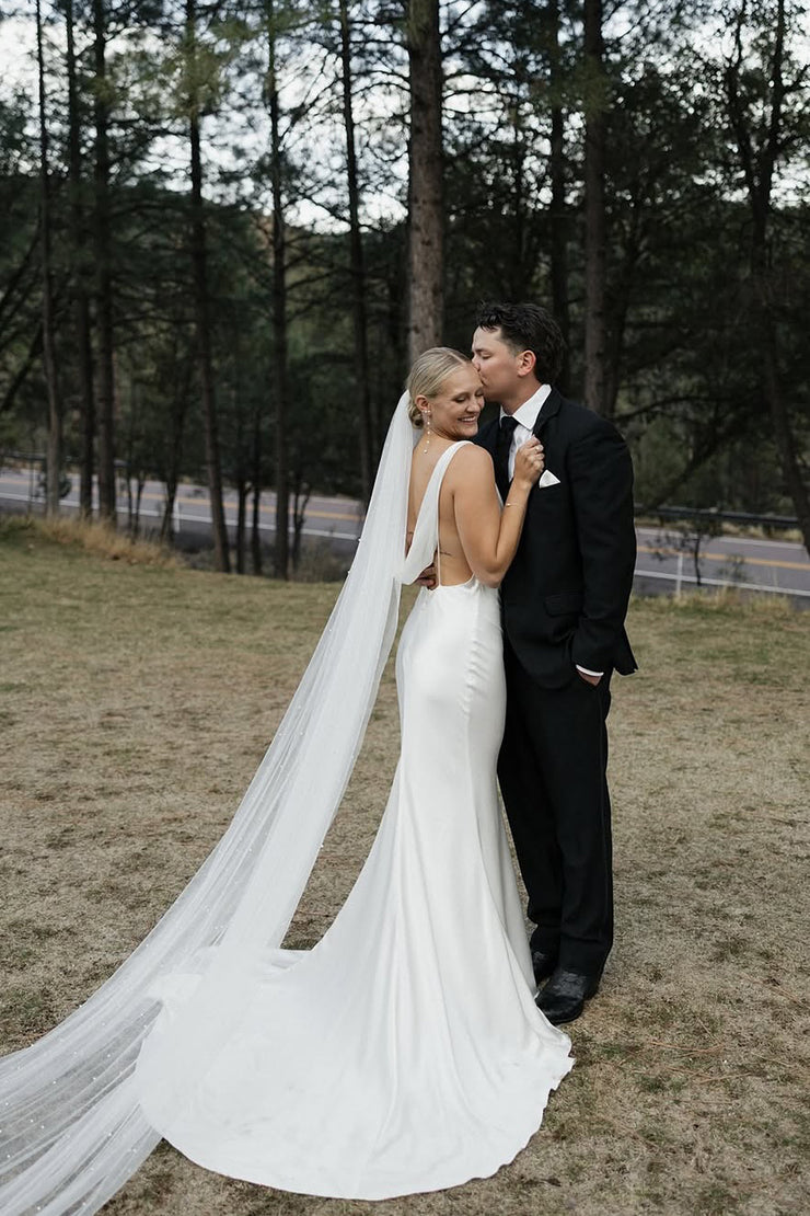 Fashion Mermaid Cowl Neck Silk Satin Wedding Dress with Train