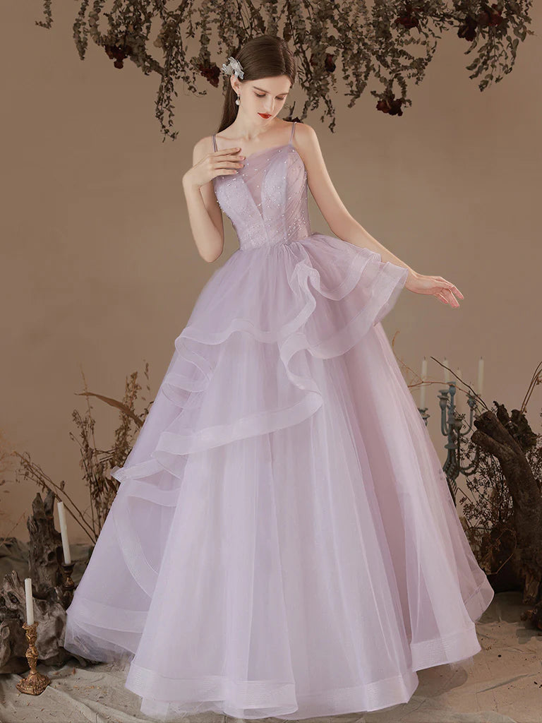 A-Line V-Neck Purple Tulle Long Dress Prom Dress Slip Dress