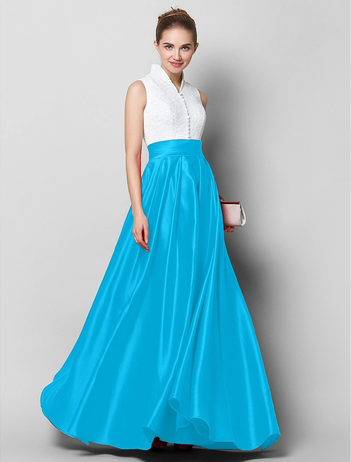 A-Line Formal Evening Black Tie Gala Floor Length Sleeveless High Neck Satin with Pleats