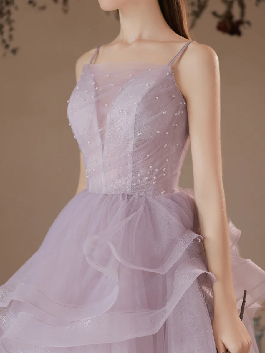 A-Line V-Neck Purple Tulle Long Dress Prom Dress Slip Dress