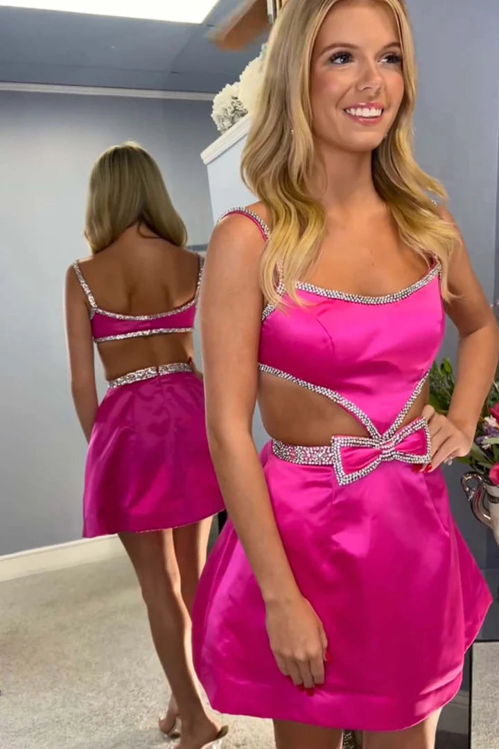 Cute A-Line Spaghetti Straps Cutout Open Back Sequins Homecoming Dress