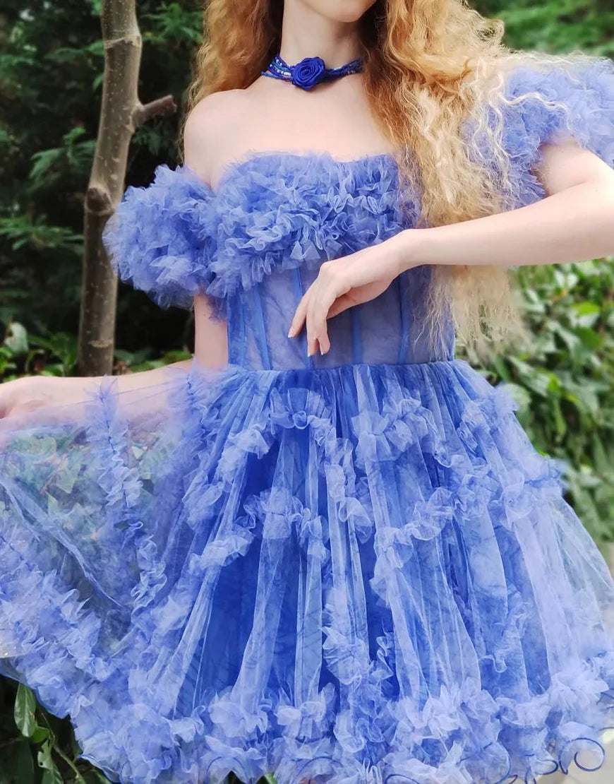 Blue A Line Off the Shoulder Tulle Corset Homecoming Dress