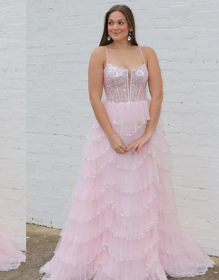 A Line Princess Spaghetti Straps Tier Long Prom Dress With Slit