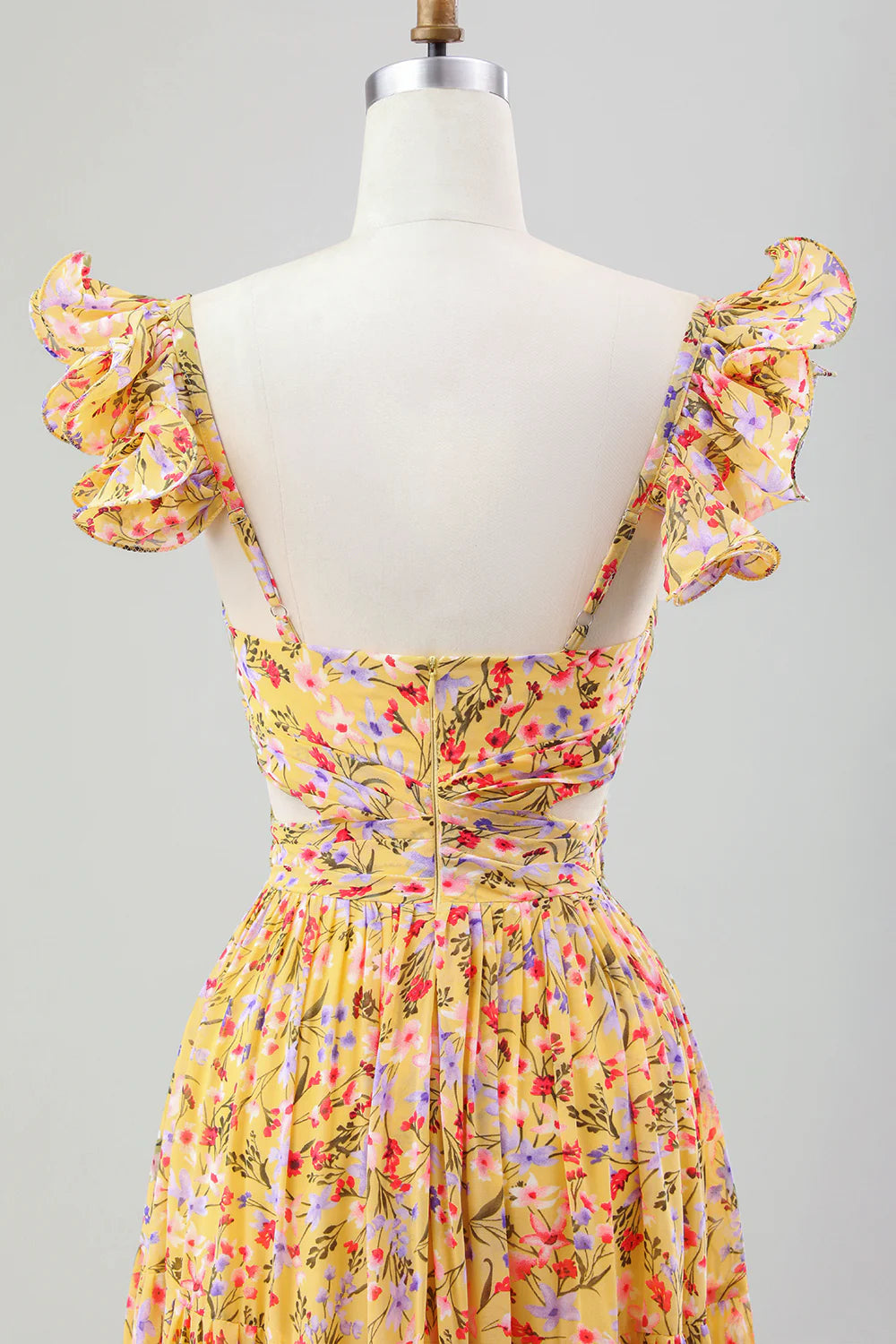 Yellow Flower A Line V Neck Print Pleated Tea Length Midi Dress Bridesmaid Dresses with Slit