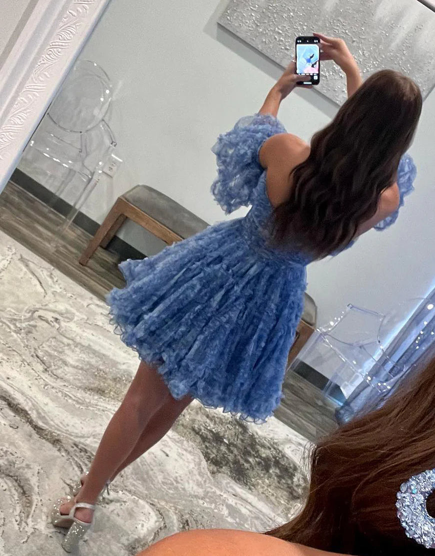 Blue A Line Off the Shoulder Tulle Corset Homecoming Dress