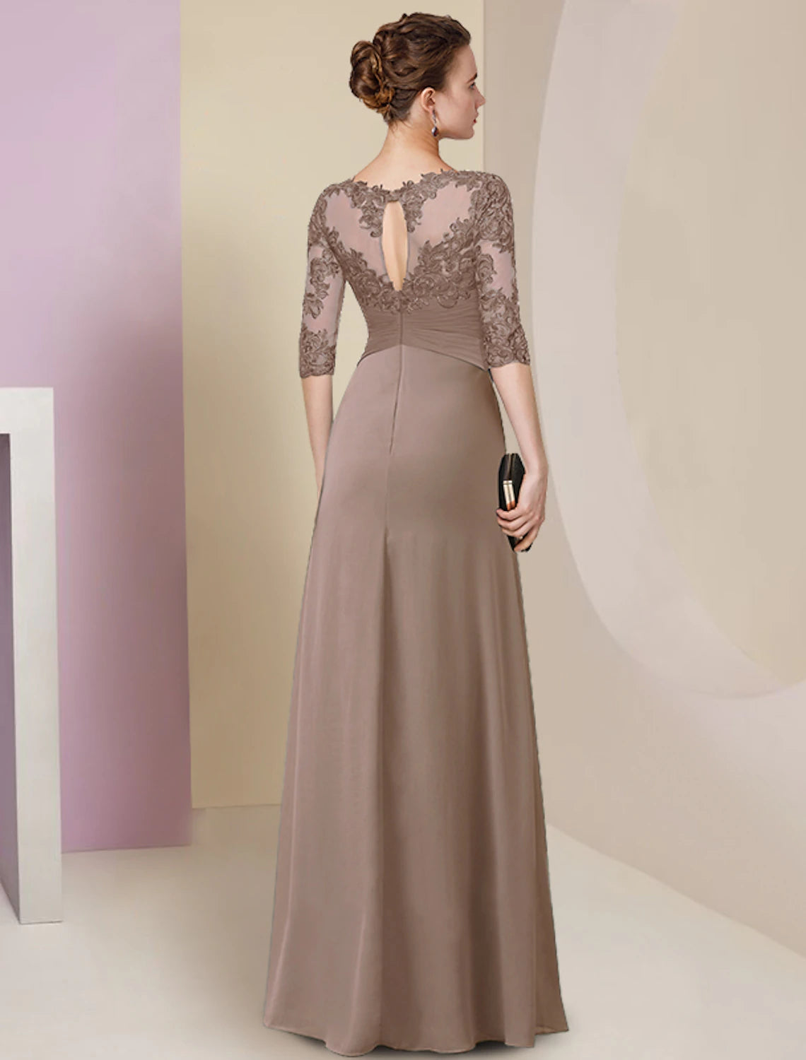 Sheath / Column Mother of the Bride Dress Elegant Simple Jewel Neck Floor Length Chiffon Lace Half Sleeve with Pleats Solid Color