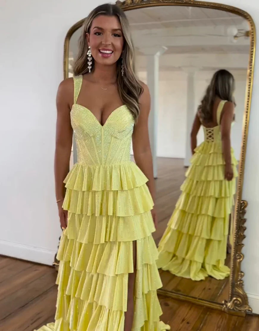 Yellow A Line V-Neck Beaded Long Layered Prom Dress with Slit