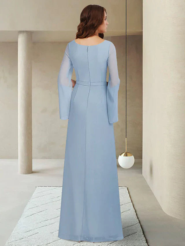 Mother of the Bride Dress Elegant V Neck Ankle Length Chiffon Long Sleeve with Crystal Brooch Ruching