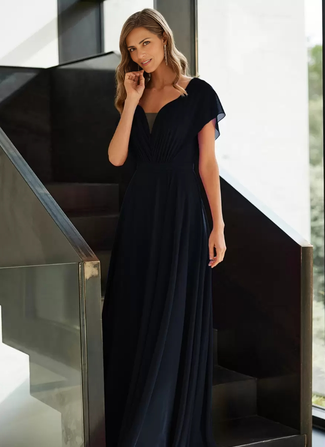 Chiffon Mother of the Bride Dresse V-Neck Short Sleeves A-Line Pleated Guest Dresses