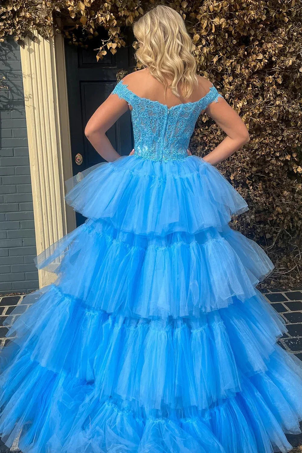 Blue High Low Homecoming Dress Prom Dress with Lace