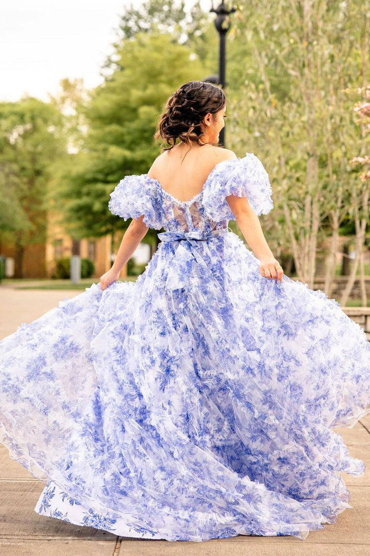 Cute Fairy Ball Tiered Floral Printed Tulle Long Prom Dress