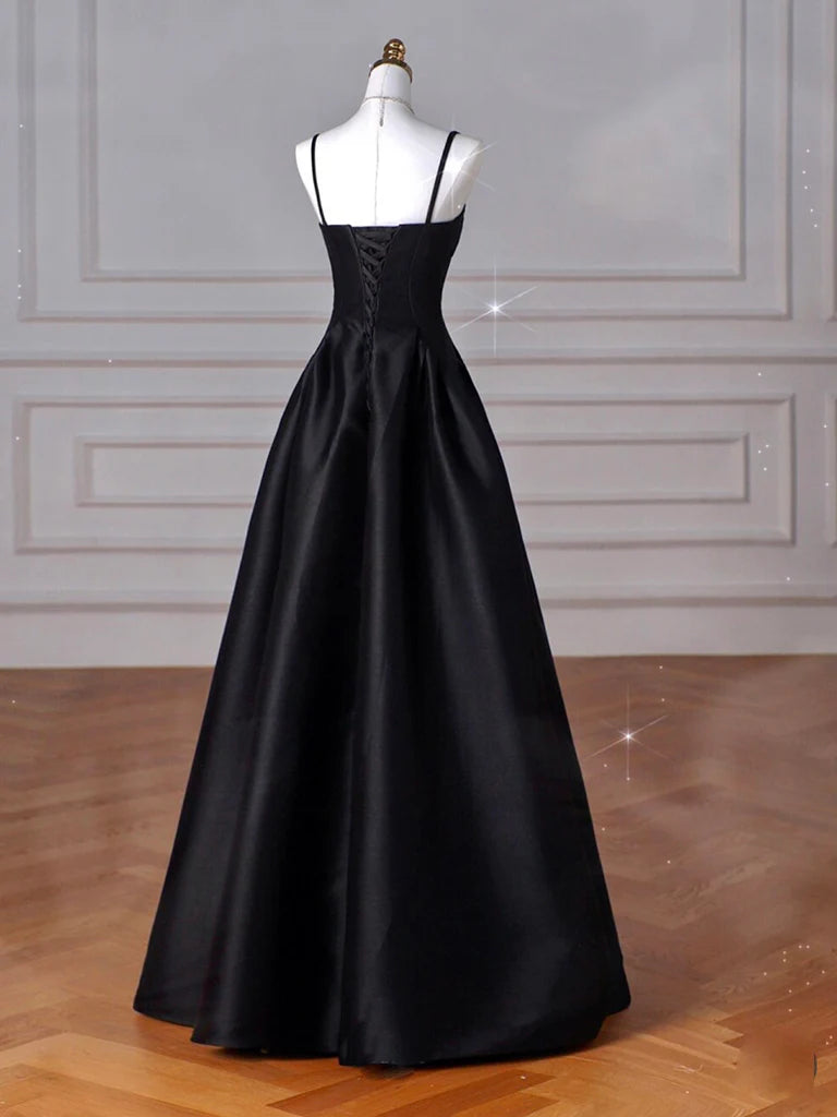 A-Line Satin Black Long Spaghetti Strap Prom Dress Evening Dress
