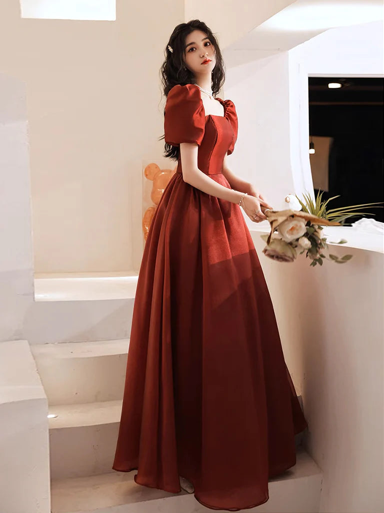 A-Line Puff Sleeves Organza Burgundy Long Prom Dress Evening Dress
