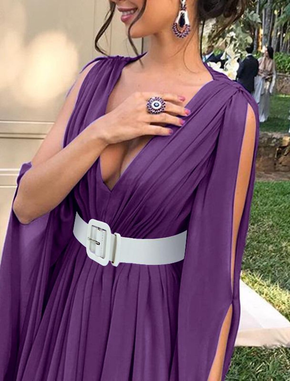 A-Line Wedding Guest Dress Party Dress Black Tie Floor Length Long Sleeve V Neck Fall Chiffon with Belt