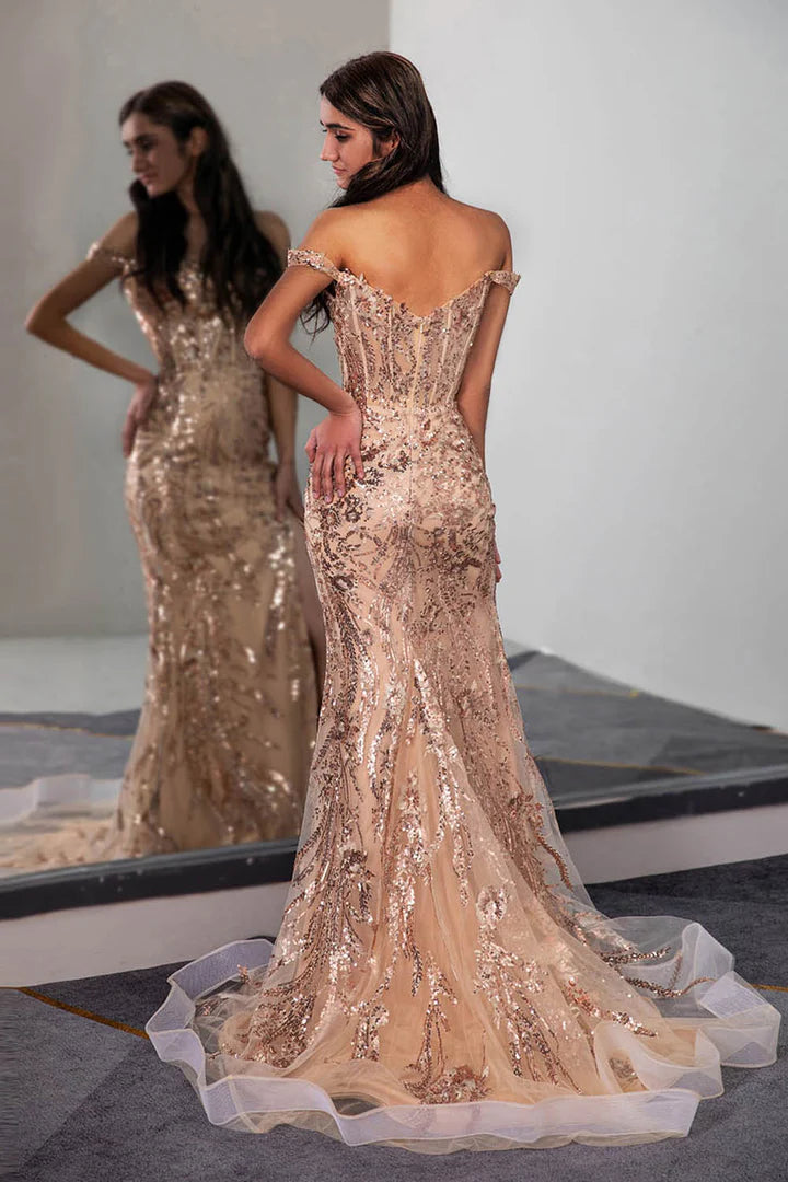 Off the Shoulder Slit Sequins/Sparkling Champagne Corset Prom Dress Court Train Dresses