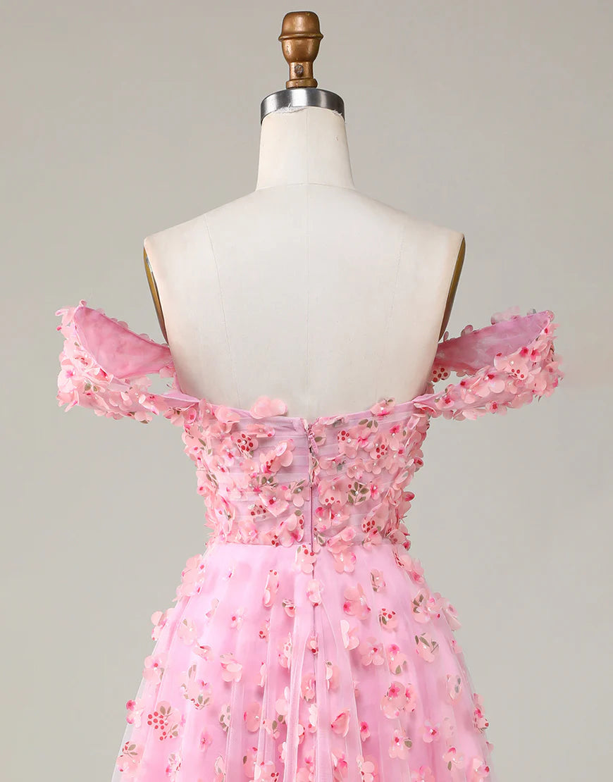 A-line Princess Off The Shoulder Prom Dress with 3D Flowers