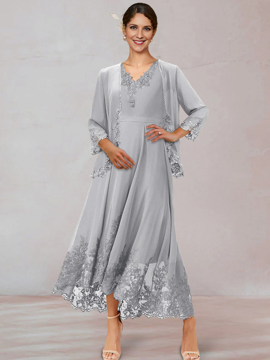 Chiffon Mother of the Bride Dresse Chiffon V-Neck 3/4 Sleeves Ankle-Length Long Evening Dress With Appliques