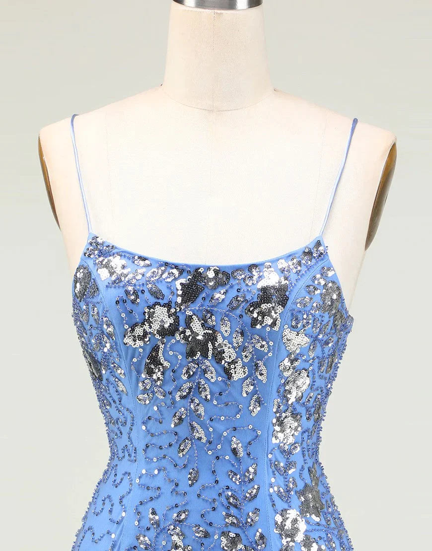 Sparkly Blue Spaghetti Straps Sequin Backless Tight Homecoming Dress