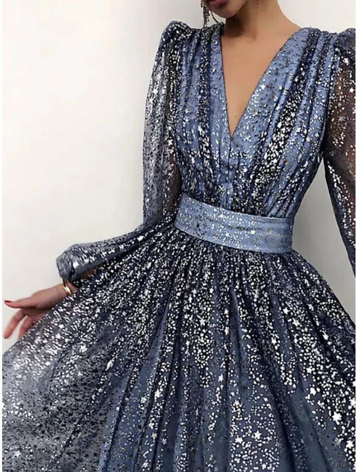Sequin Party Dress Sparkly Long Sleeve V Neck Homecoming Dress