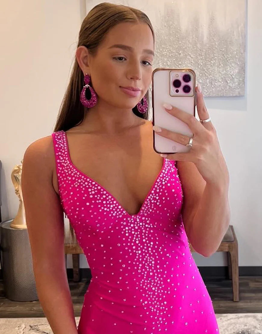 Fuchsia Mermaid Long V-Neck Prom Dress with Beading