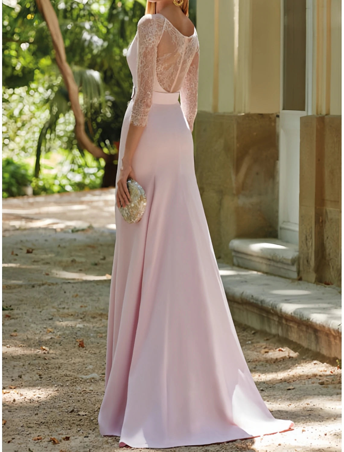 Mermaid / Trumpet Scoop Neck Mother of the Bride Dress Wedding Guest Elegant Sweep / Brush Train with Lace Split Front Ruching