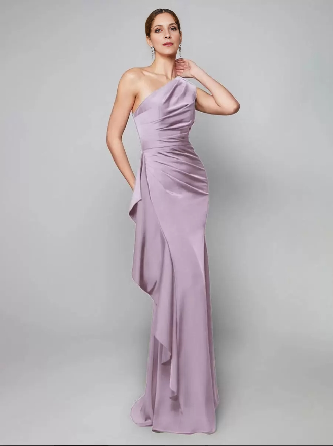 Sheath One-Shoulder Pleated Sweep Asymmetrical Mermaid Guest Dresses Mother of the Bride Dresse