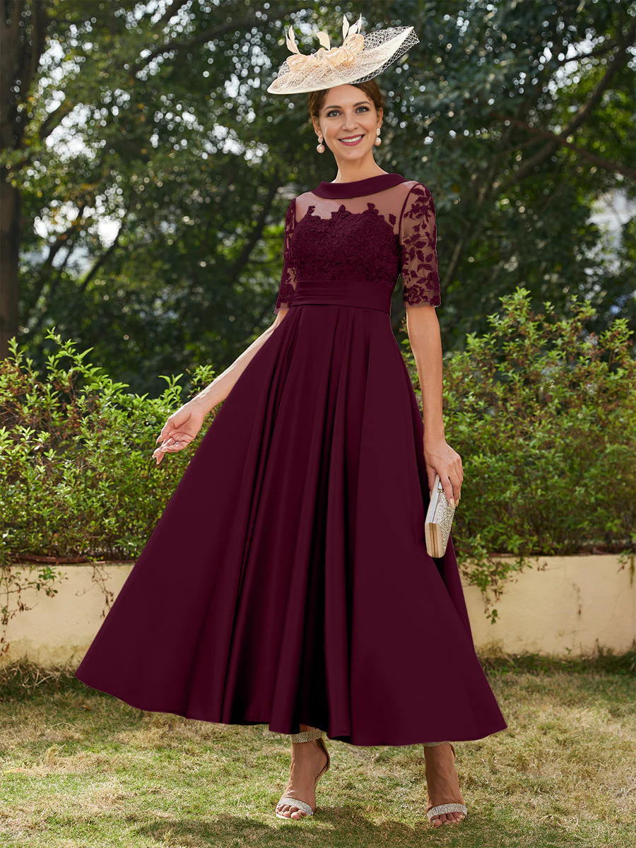 A-Line/Princess Scoop Half Sleeves Ankle-Length Long Evening Dresses Mother of the Bride Dresse with Appliques