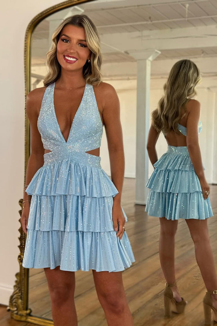 Cute A Line V Neck Light Blue Short Homecoming Dresses with Hot Stone Beading