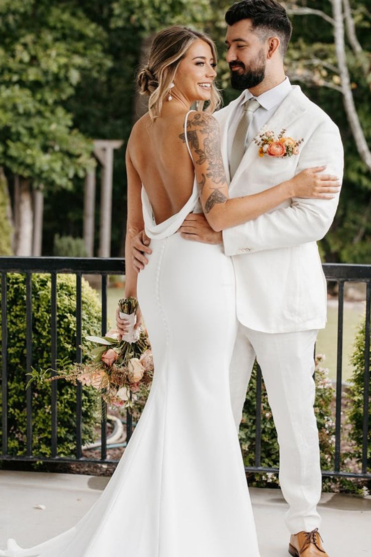 Elegant Mermaid V Neck Elastic Satin Long Wedding Dress