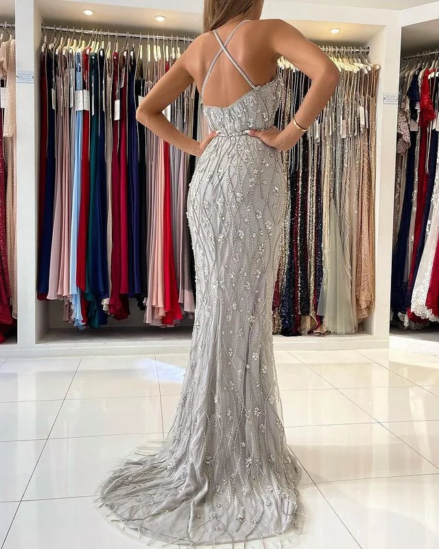 Mermaid Spaghett-Straps Evening Dress Beadings Split Party Gown