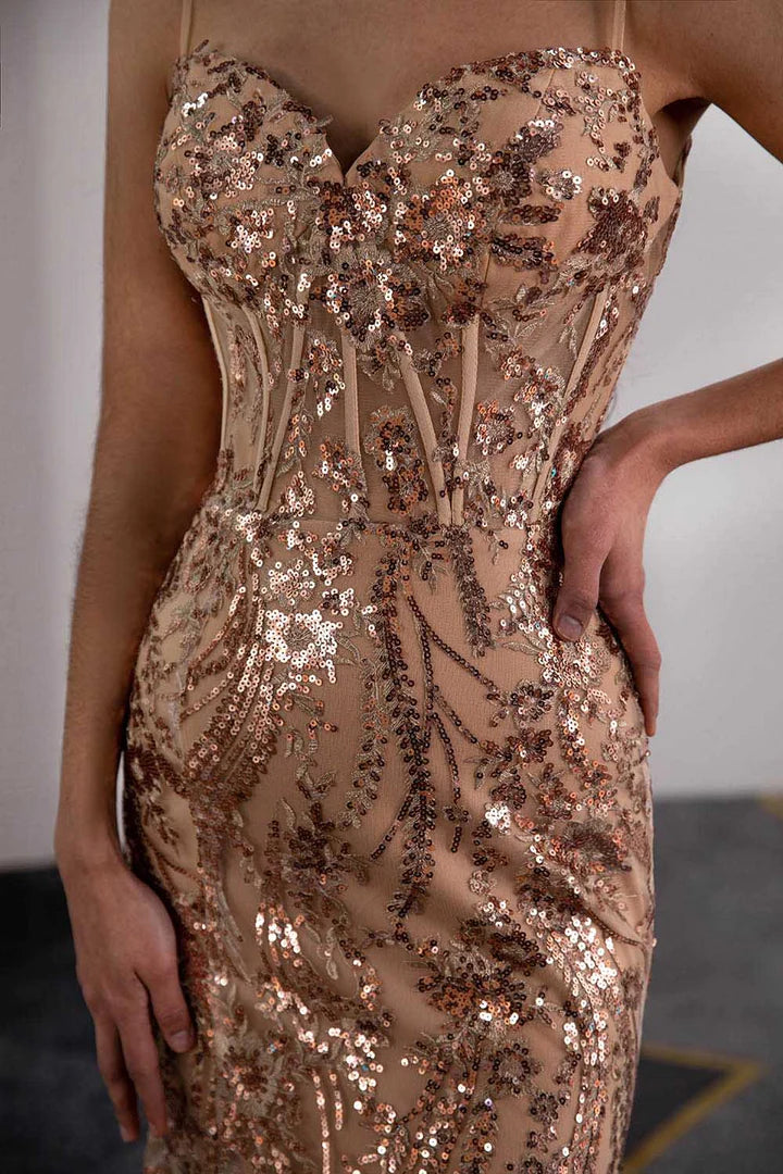 Champagne Sequins Prom Dress with Sheer Corset Bodice Sweep/Brush Train Dresses
