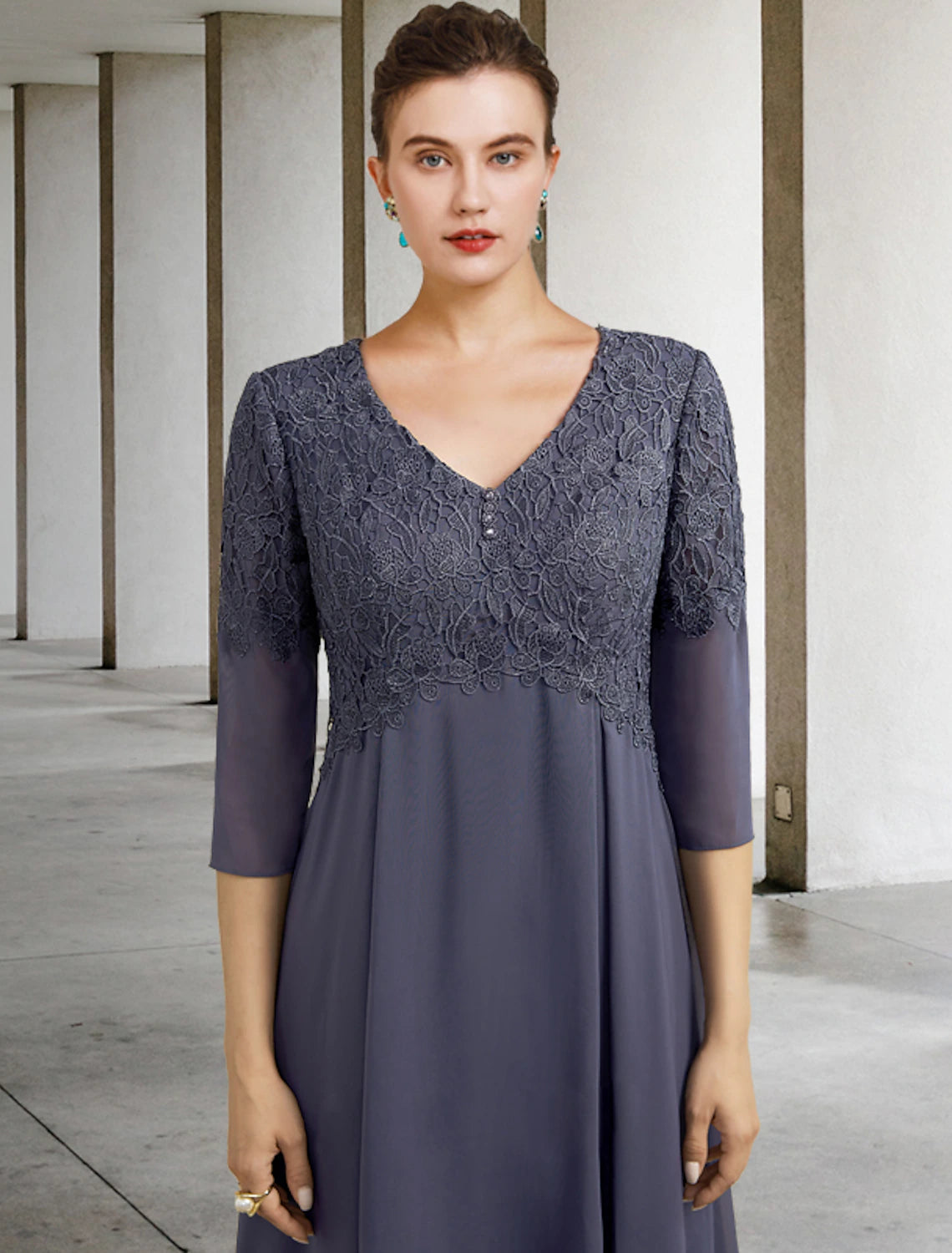 A-Line Tea Length Chiffon Lace 3/4 Length Sleeve Mother of the Bride Dress Wedding Guest Elegant with Ruffles Appliques