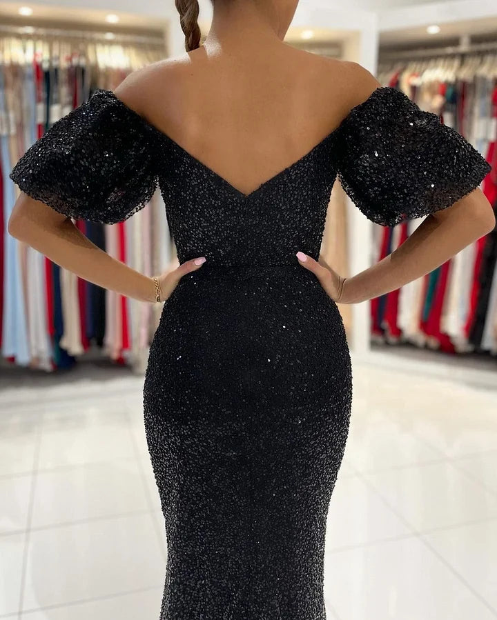 Black Off-the-Shoulder Party Gown Sequins Evening Dress Mermaid