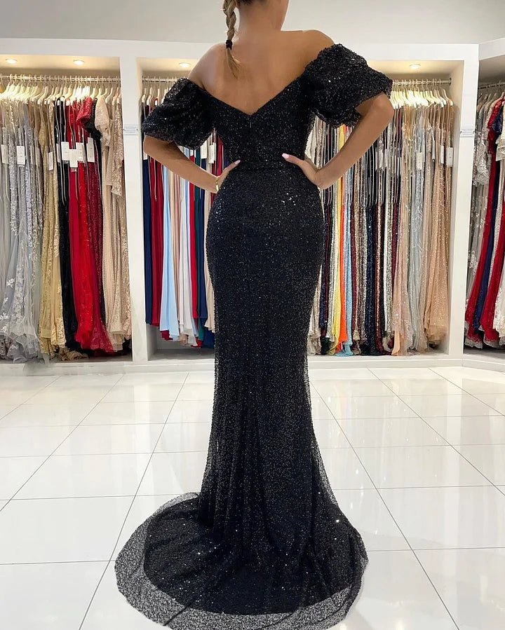 Black Off-the-Shoulder Party Gown Sequins Evening Dress Mermaid