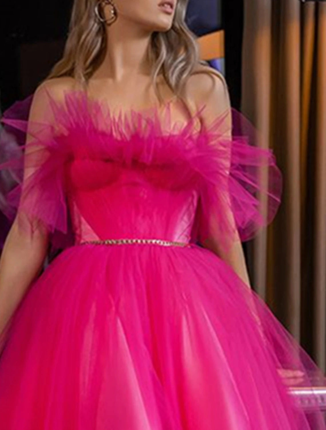 A-Line Evening Gown Party Wear Tea Length Sleeveless Strapless Tulle with Pleats