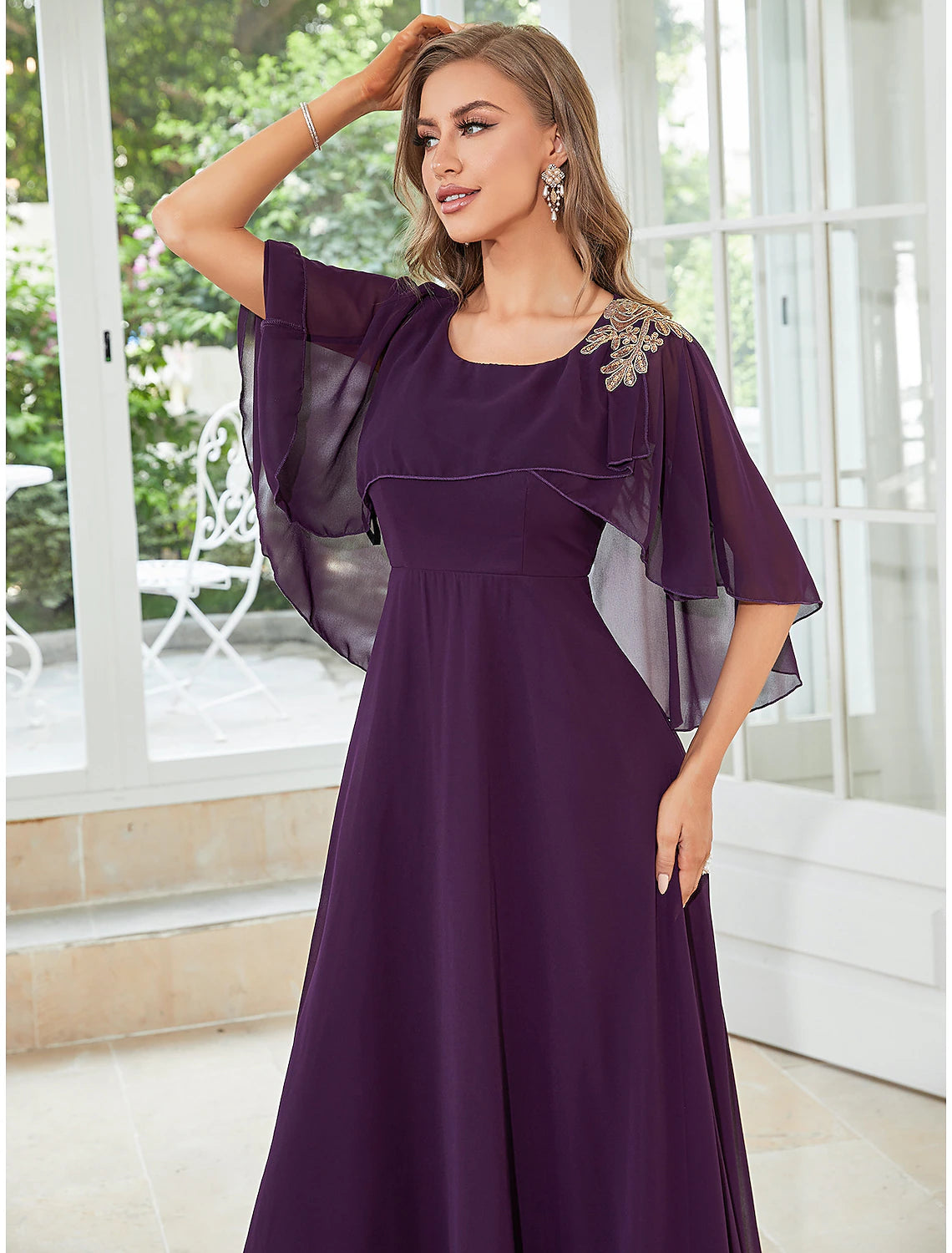 A-Line Wedding Guest Dresses Floor Length Half Sleeve Jewel Neck Chiffon with Ruffles